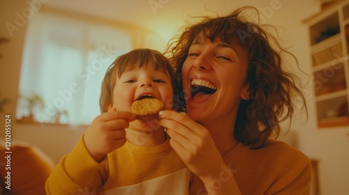 Mom feeding cookies to baby and smiling, cozy family scene