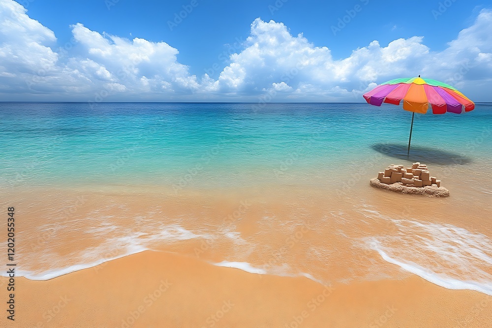 Idyllic beach scene with sandcastle and umbrella. Idyllic beach scene with sandcastle and umbrella.
