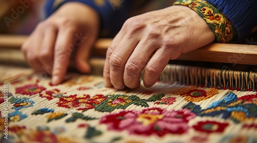 A close-up shot of a woman's hands weaving a tapestry with a colorful floral pattern, highlighting the intricate details and craftsmanship involved in this traditional art form.