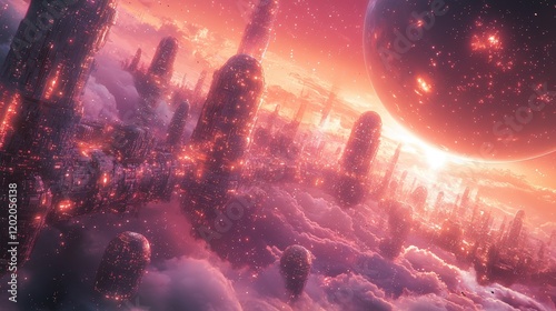 A futuristic cityscape floats among the clouds under a vibrant pink sky and a giant planet. Perfect for sci-fi book covers or game backgrounds.