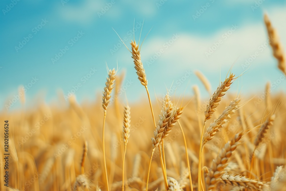 Beautiful Field of Ripe Wheat of Golden Color Against Blurred Background of Blue Sky Beautiful Field of Ripe Wheat of Golden Color Against Blurred Background of Blue Sky