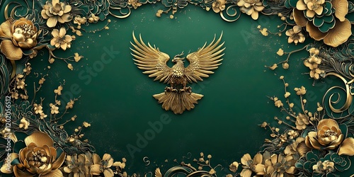 Golden Eagle Amidst Ornate Floral Frame Design photo