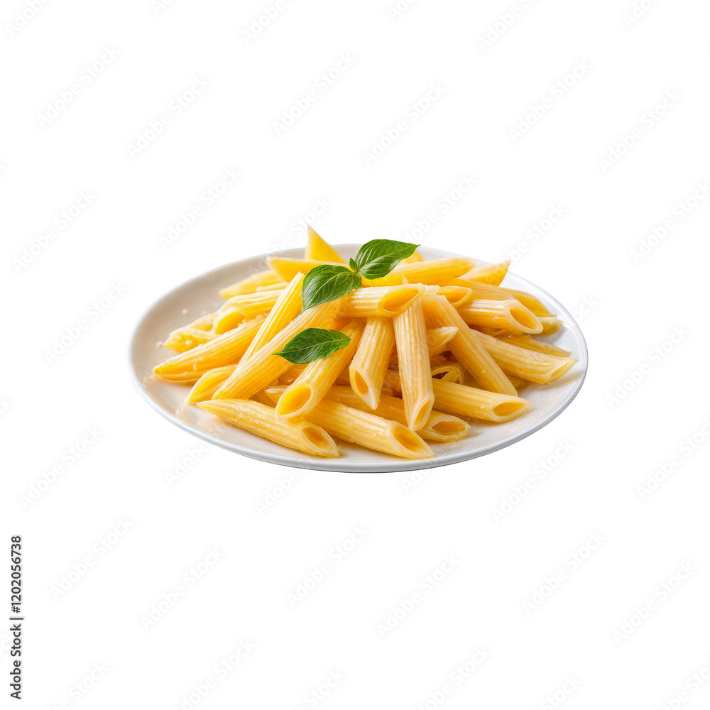 Penna Pasta on Plate: A simple yet appetizing serving of cooked penne pasta, elegantly arranged on a small plate and garnished with fresh basil leaves. This image is perfect for food blogs. Penna Pasta on Plate: A simple yet appetizing serving of cooked penne pasta, elegantly arranged on a small plate and garnished with fresh basil leaves. This image is perfect for food blogs.