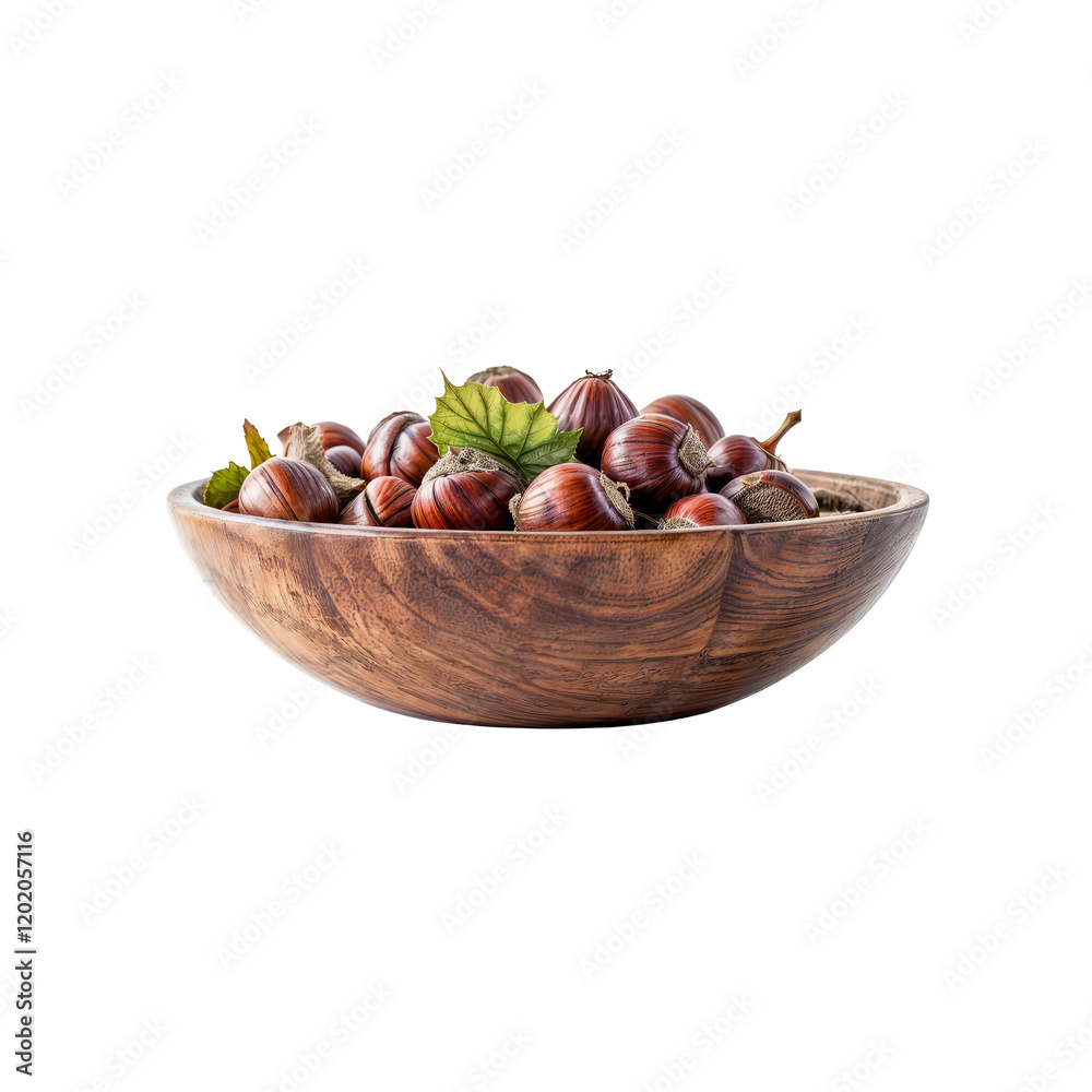 Chestnuts in Wooden Bowl: A rustic wooden bowl overflows with plump, glossy chestnuts, accented by a few vibrant green leaves. Chestnuts in Wooden Bowl: A rustic wooden bowl overflows with plump, glossy chestnuts, accented by a few vibrant green leaves.