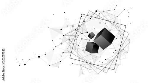 Abstract quantum problem framing for global data network background, wireframe connected dots and triangle polygonal for worldwide internet technology vector illustration concept, internet of things