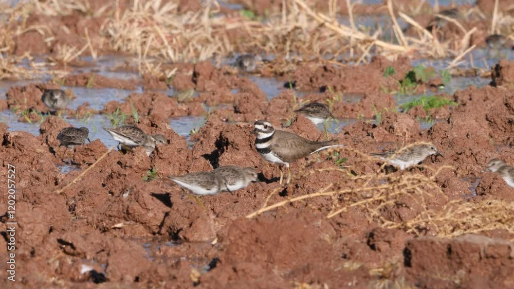 Killdeer hunts for a worm in the middle of a bunch of dowitchers. Killdeer hunts for a worm in the middle of a bunch of dowitchers.