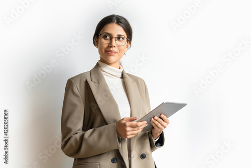 Successful hispanic young manager business woman in suit, eyeglasses working on tablet standing confident. Isolated portrait of latin or eastern middle age female ceo leader businesswoman. Copy space