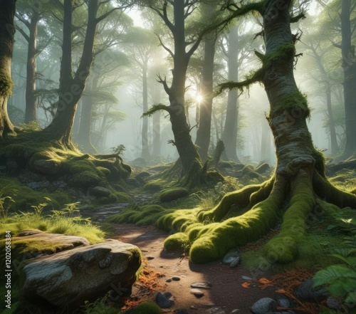Ancient forest with moss-covered trees and dense undergrowth, mossy forests, ancient woods