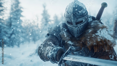 A battle-ready knight clad in intricate armor, gripping a sword, standing against a snowy backdrop, epitomizing strength, bravery, and the harshness of winter.