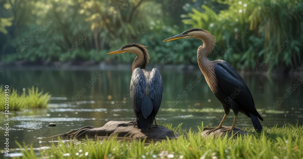 Anhinga in stretching position on wet grass beside lake, lake, feathers, animal Anhinga in stretching position on wet grass beside lake, lake, feathers, animal