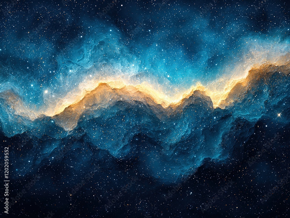 Fototapeta premium Celestial blue and gold nebula cloudscape. Ideal for cosmic backgrounds, sci-fi art, and abstract designs. Evokes wonder and exploration.
