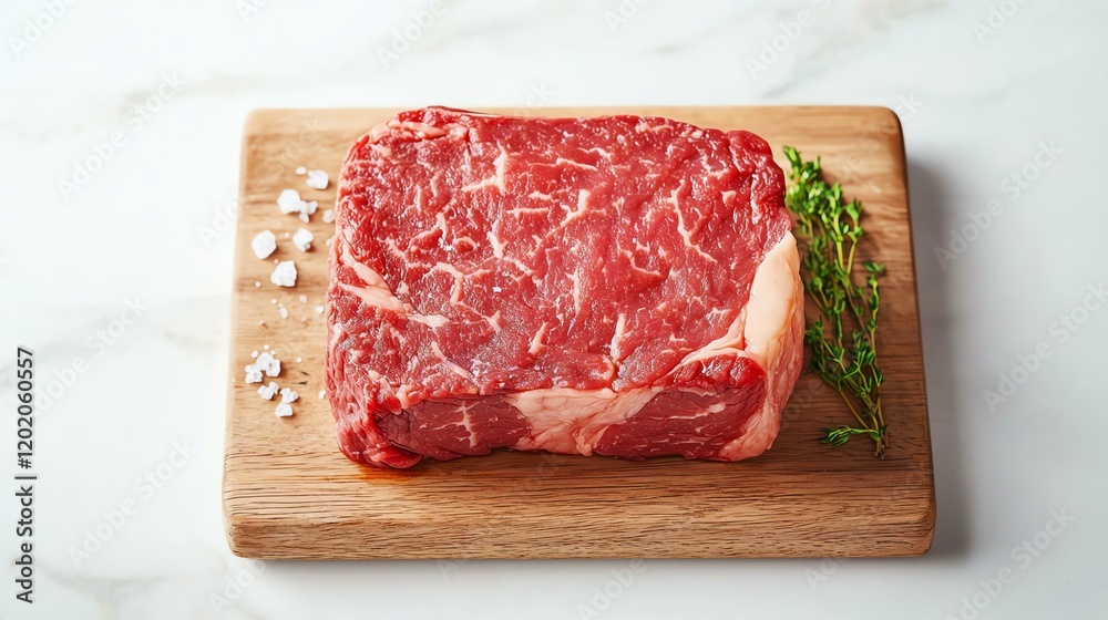 Fresh marbled beef steak displayed on a wooden cutting board. Fresh marbled beef steak displayed on a wooden cutting board.