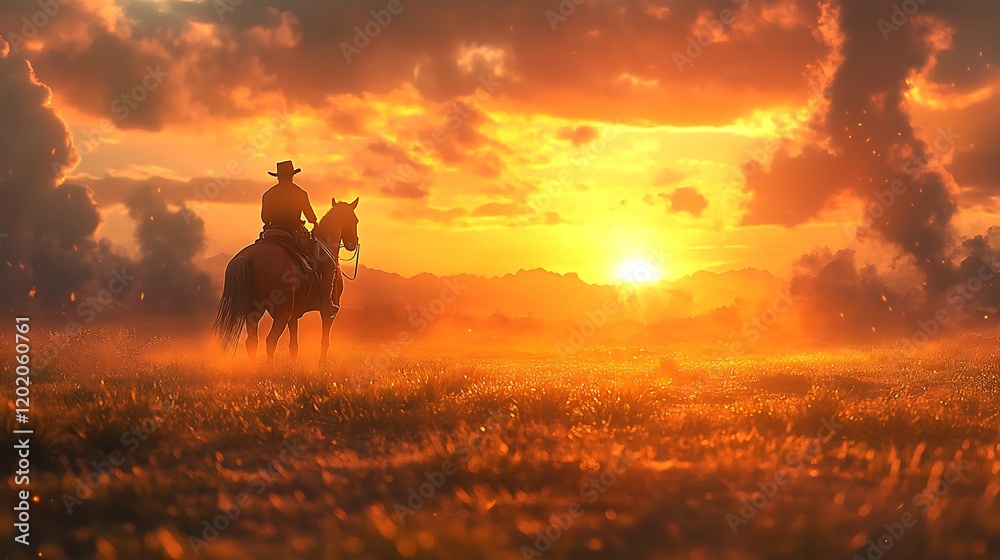 Fototapeta premium Rider on horseback at sunset dramatic landscape nature photography
