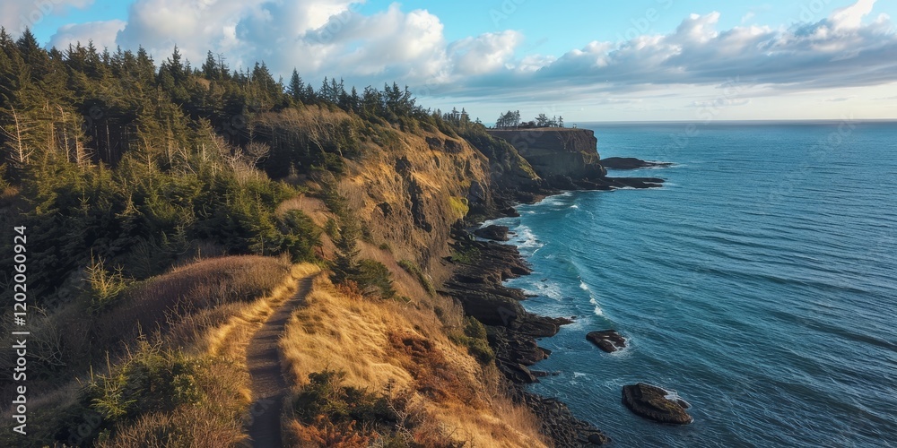 Obraz premium Scenic coastal view with cliffs and ocean under a cloudy sky.