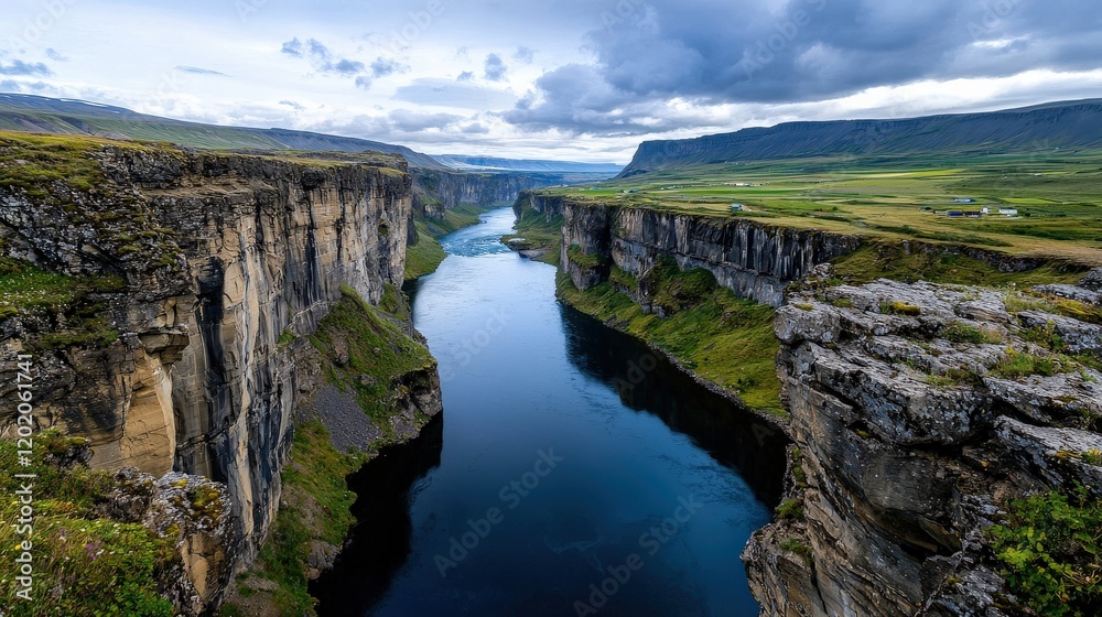 Obraz premium A wide-angle view of a majestic river flowing through a rugged canyon, framed by dramatic cliffs