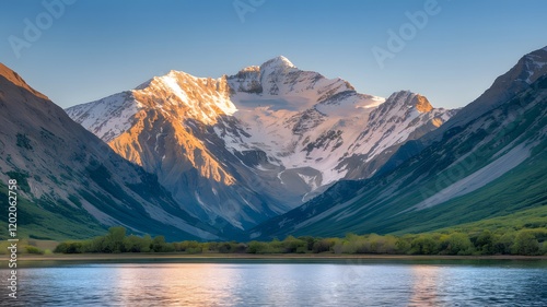 There is a snowy mountain towering above a serene lake in the foreground