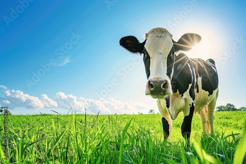 Wallpaper Mural Dairy Cow on a Green Field, with a Bright Blue Sky and Sunlight in the Background Torontodigital.ca