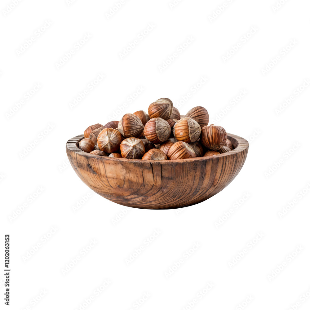 Fototapeta premium Hazelnut Harvest: A rustic wooden bowl overflowing with a generous pile of whole hazelnuts, their rich brown shells gleaming under soft light.