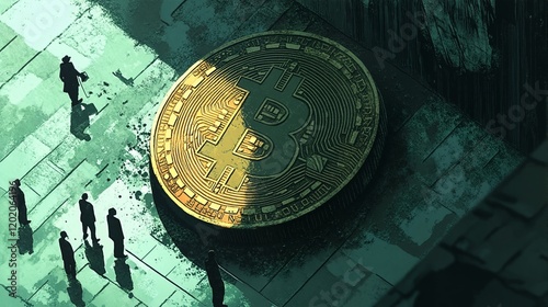 A large gold bitcoin coin lies on the ground surrounded by silhouettes of people.
