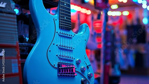 Electric blue guitar showcased in vibrant lighting at a music store filled with colorful decorations and instruments