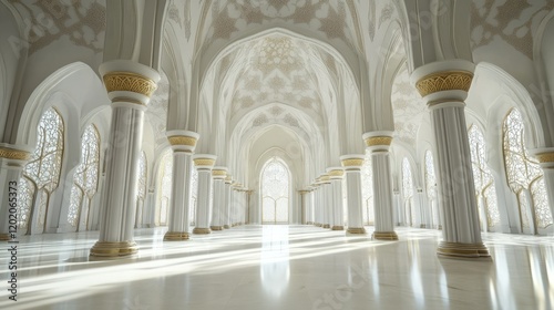 Golden White Luxury Mosque Interior with Columns and Sunlit Windows photo