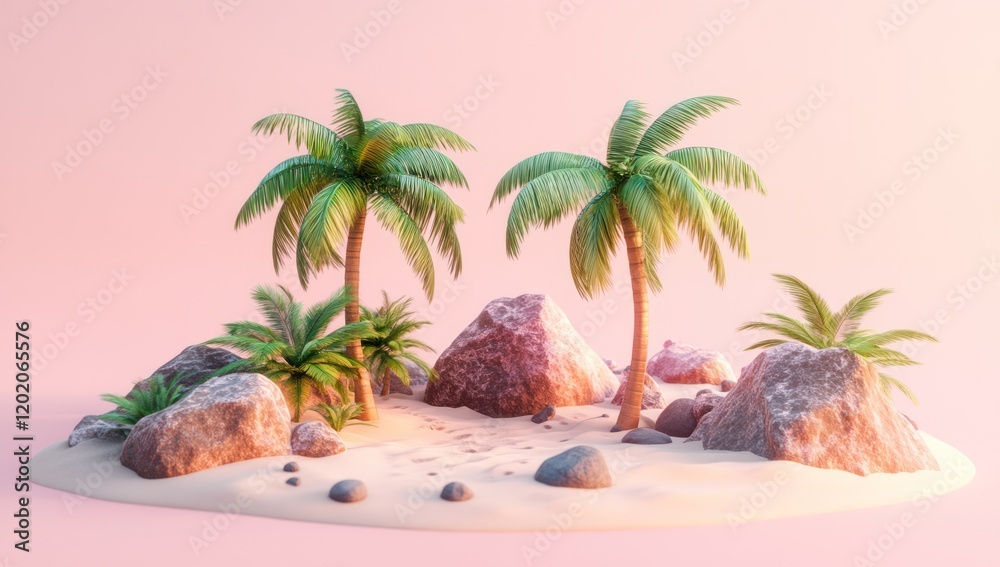 Obraz premium Minimalist island paradise, pink background, 3D render, vacation
