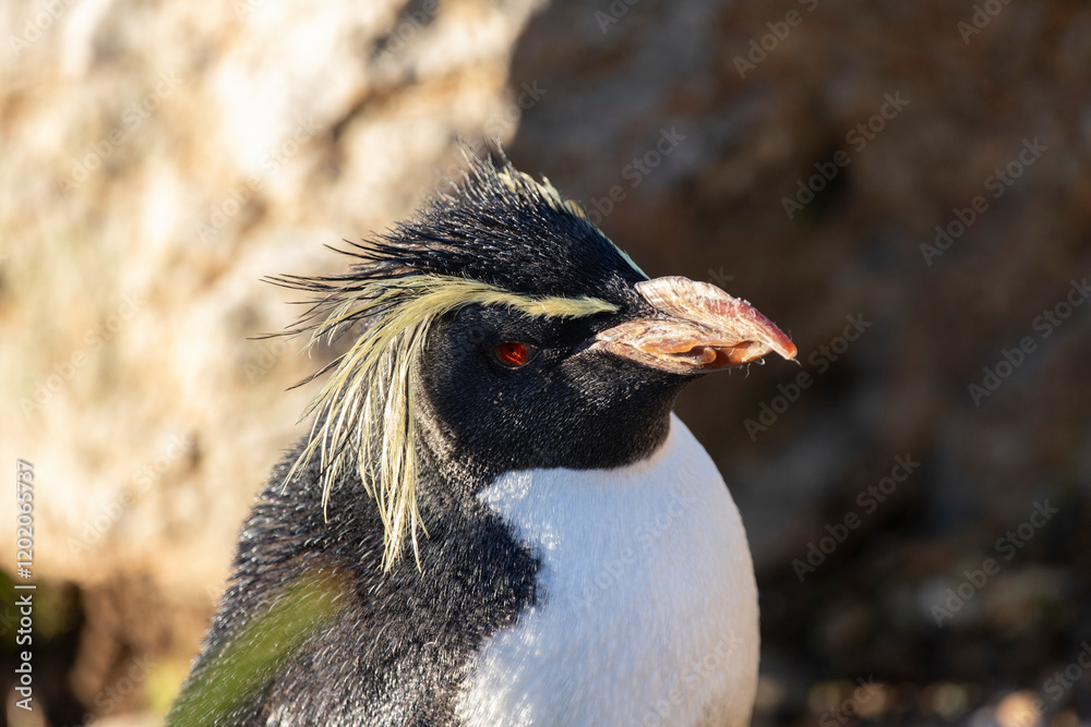 Naklejka premium A Rockhopper Penguin in profile against a rocky background.
