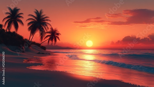 Tropical sunset beach scene, palm trees silhouette, ocean waves, idyllic vacation