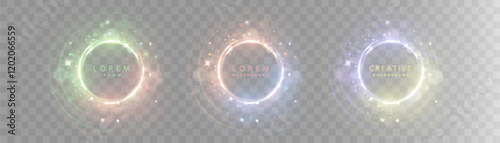 Abstract set of glowing circles in bright colorful colors, light effect around bright circles with bright glow on transparent background.