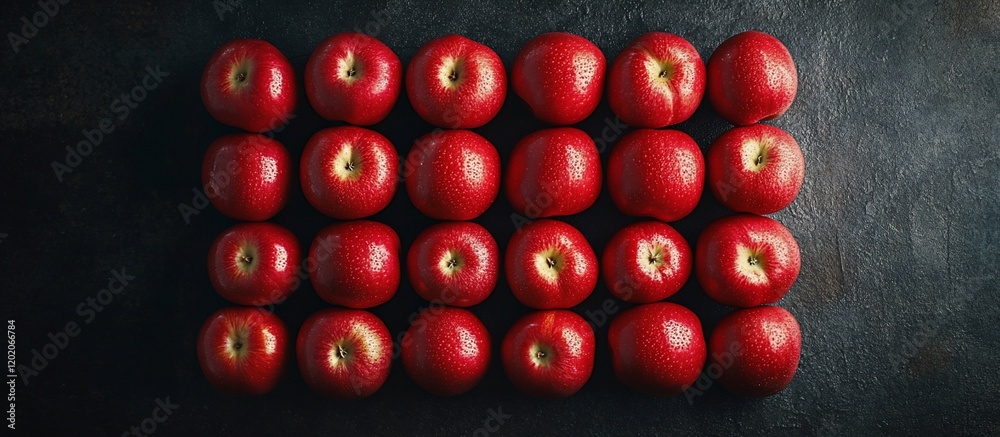 A Perfect Alignment of Red Apples on a Dark Surface A Perfect Alignment of Red Apples on a Dark Surface