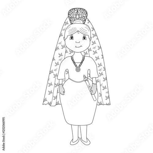 La Manola de Semana Santa vestida de mantilla con una vela en la mano. Ilustración en blanco y negro.