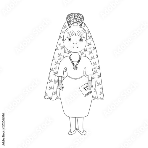 La Manola de Semana Santa vestida de mantilla con la Biblia en la mano. Ilustración en blanco y negro.