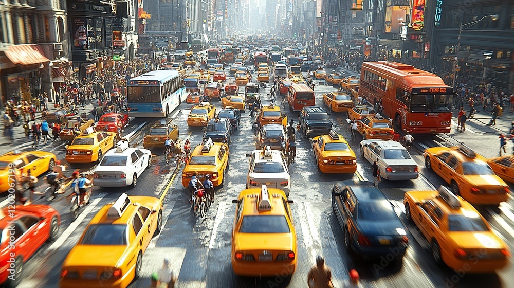 Obraz premium Taxis, buses, and bikes in NYC traffic jam, busy city backdrop
