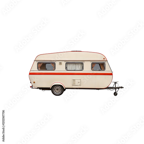 Vintage Campervan: A classic vintage caravan, painted in a cream color with a red stripe, stands ready for adventure, evoking a sense of nostalgia and wanderlust. 