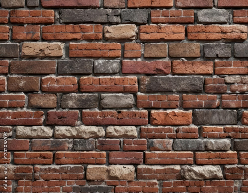 Brick wall with uneven bricks and worn mortar, worn brick, uneven stones Brick wall with uneven bricks and worn mortar, worn brick, uneven stones