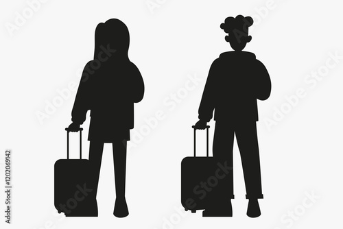 Woman and silhouette man traveling with suitcase hand drawn