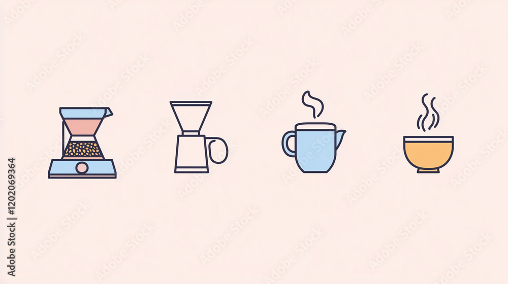 Simple icons illustrating the coffee brewing process with essential tools and techniques for making perfect coffee