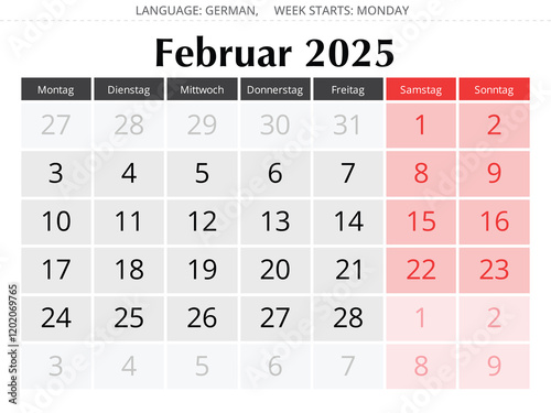 German calendar for february 2025. Vector illustration of winter month Germany - Kalender februar