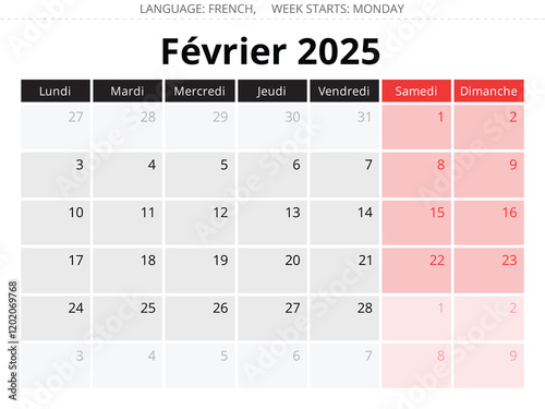 French calendar for february 2025. Vector illustration of a winter month France