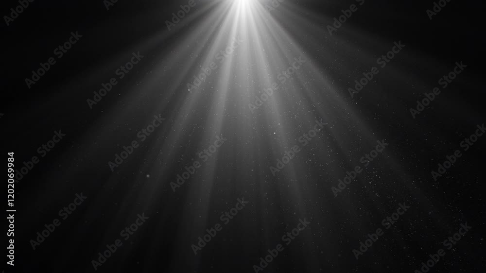 Volume Light from Top in the Dark Seamless. White Lamp Rays Shining on Black Background with Flying Backlit Dust Particles Looped 3d Animation 4k. Design Element for Overlays.
