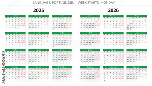 2025, 2026 years portuguese calendars. Vector illustrations Portugal and Brazil