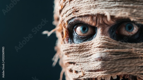 This haunting image showcases a mummy figure with blackened features and striking blue eyes, bringing a captivating mix of horror and intrigue that draws viewers into its dark narrative. photo