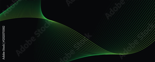 Vector abstract light lines wavy flowing dynamic in green colors isolated on black background.