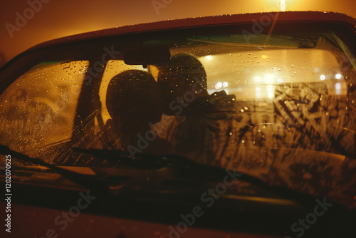 Couple in Car Getting Intimate sharing sensual love and passion behind fogged windows on a romantic night