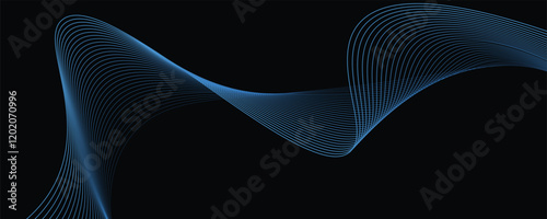 Vector abstract light lines wavy flowing dynamic in blue colors isolated on black background.