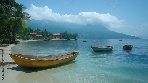 Tranquil beach scene with wooden boats, palm trees, and mountains.