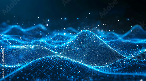 Abstract blue background with glowing particles and light rays on a dark night, an AI technology concept, digital wallpaper banner design. photo