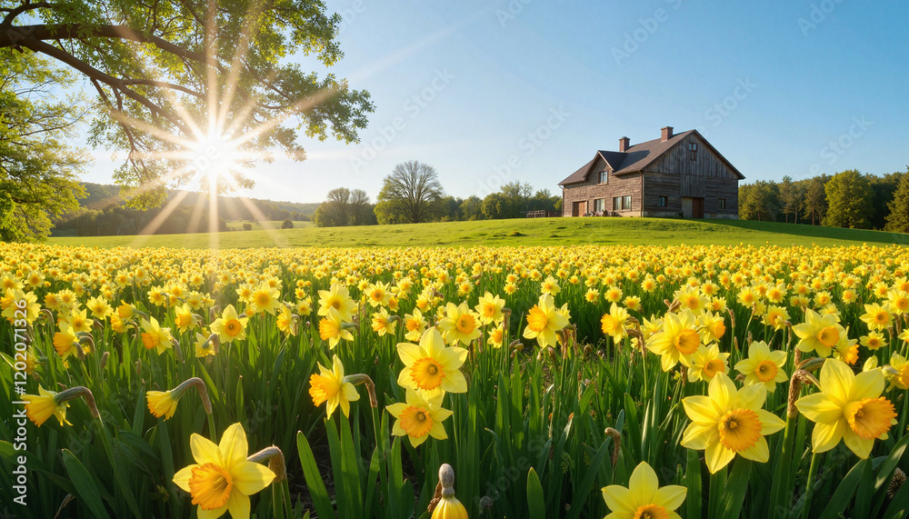 Vibrant daffodil field blooming under sunlight, springtime beauty Vibrant daffodil field blooming under sunlight, springtime beauty