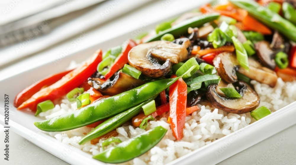 Image of rice and vegetable stir-fry with mushrooms and snap peas on a white rectangular plate, emphasizing colorful and crunchy textures. Ideal for quick lunches and healthy dinners.