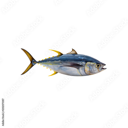 Yellowfin Tuna Close-up: A vibrant yellowfin tuna, showcasing its sleek, dark blue body, yellow fins, and distinctive features, is presented in a detailed close-up shot against a clean background.  